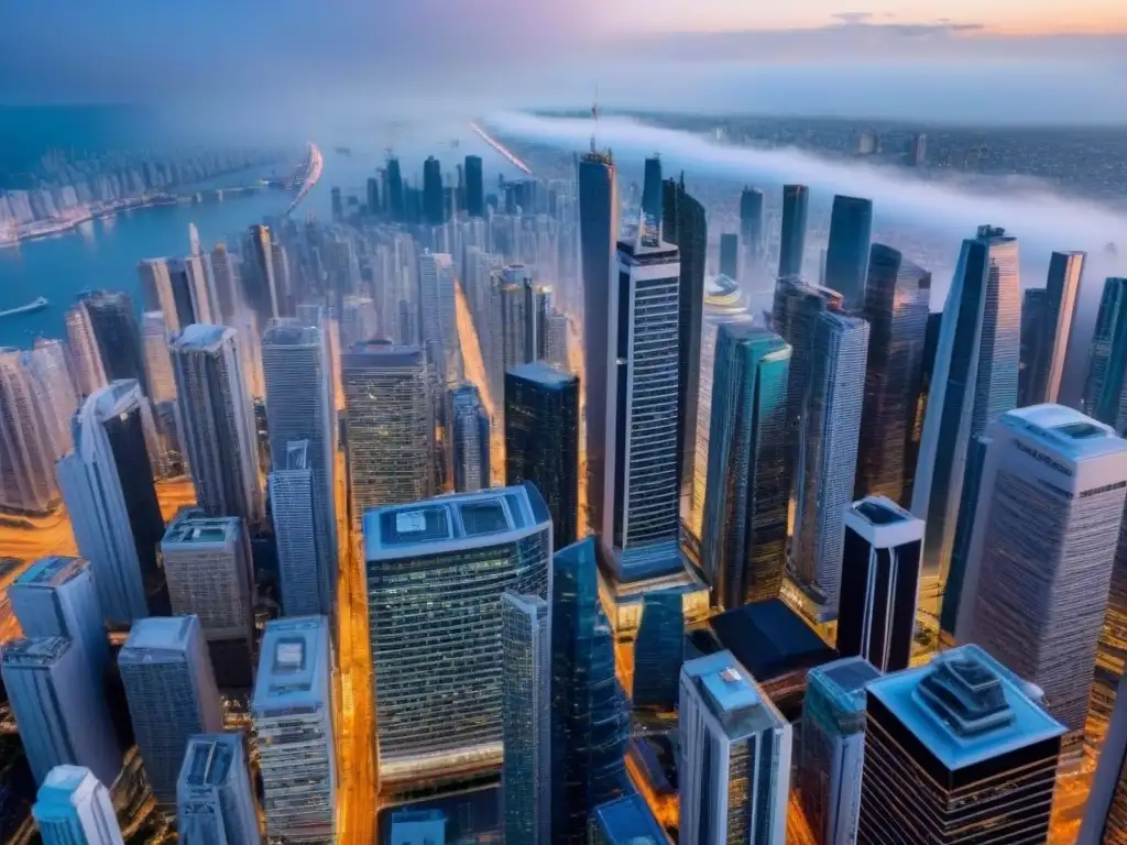 Vibrante metrópolis global: lujo y diversidad en acción Vista aérea detallada de una bulliciosa ciudad internacional con rascacielos, edificios modernos y calles llenas de gente y tráfico