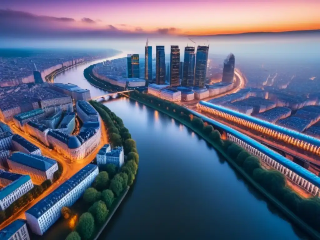 Vista aérea detallada de ciudad europea al atardecer Vista aérea detallada de una bulliciosa ciudad en Europa del Este al atardecer, con arquitectura histórica y rascacielos modernos
