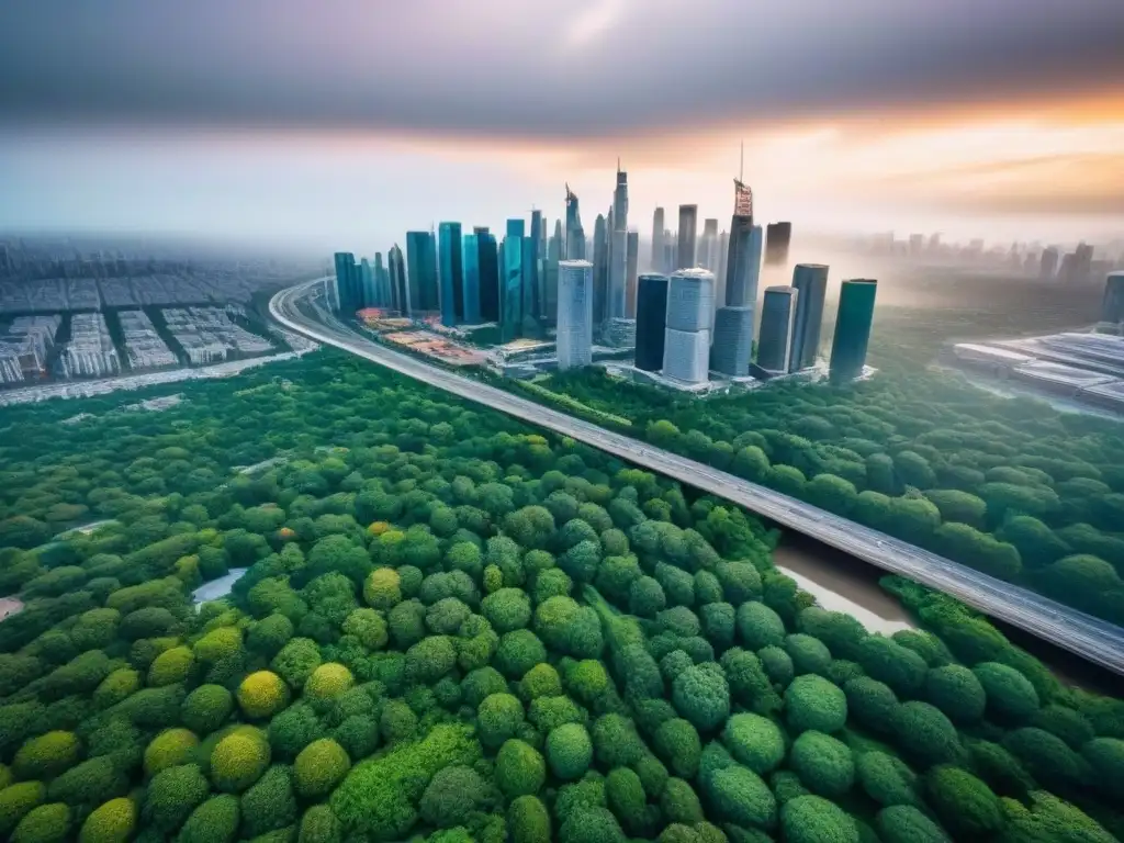 Vista aérea detallada de ciudad en crecimiento Vista aérea detallada de una bulliciosa ciudad con rascacielos, espacios verdes y obras