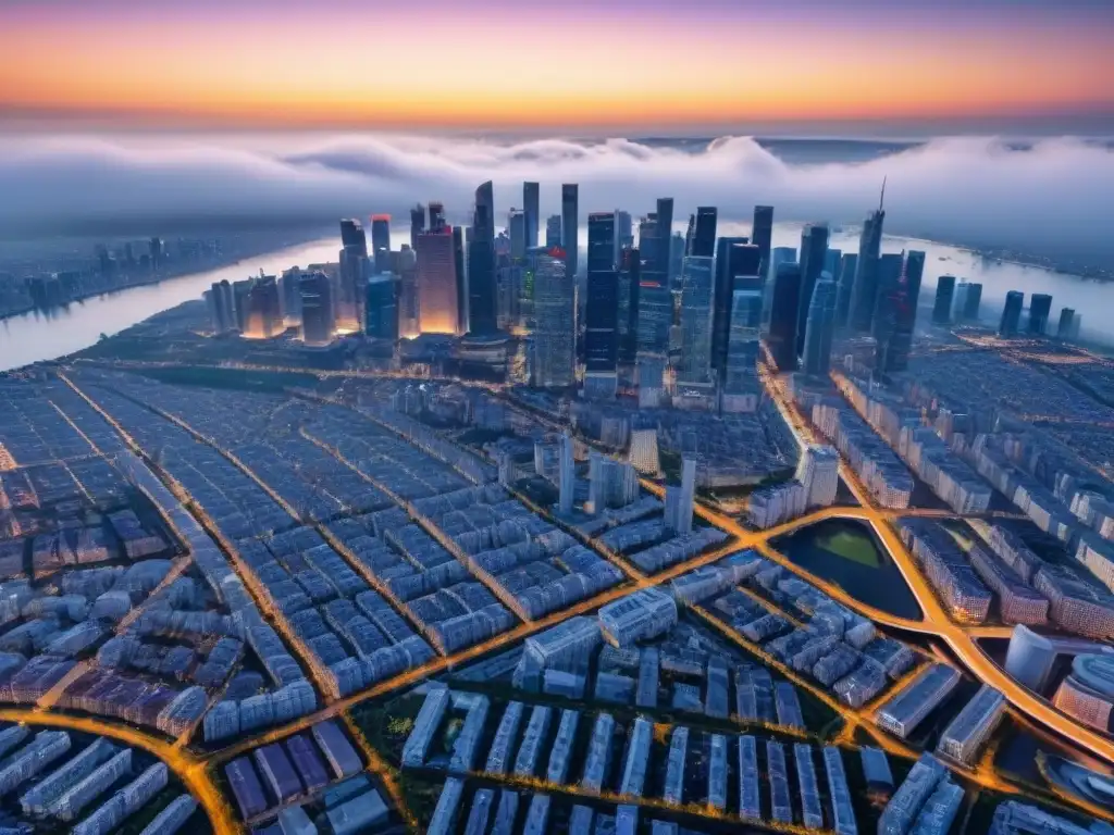 Vista aérea detallada de ciudad dinámica con arquitectura moderna Vista aérea detallada de una bulliciosa ciudad con arquitectura moderna y complejo diseño urbano