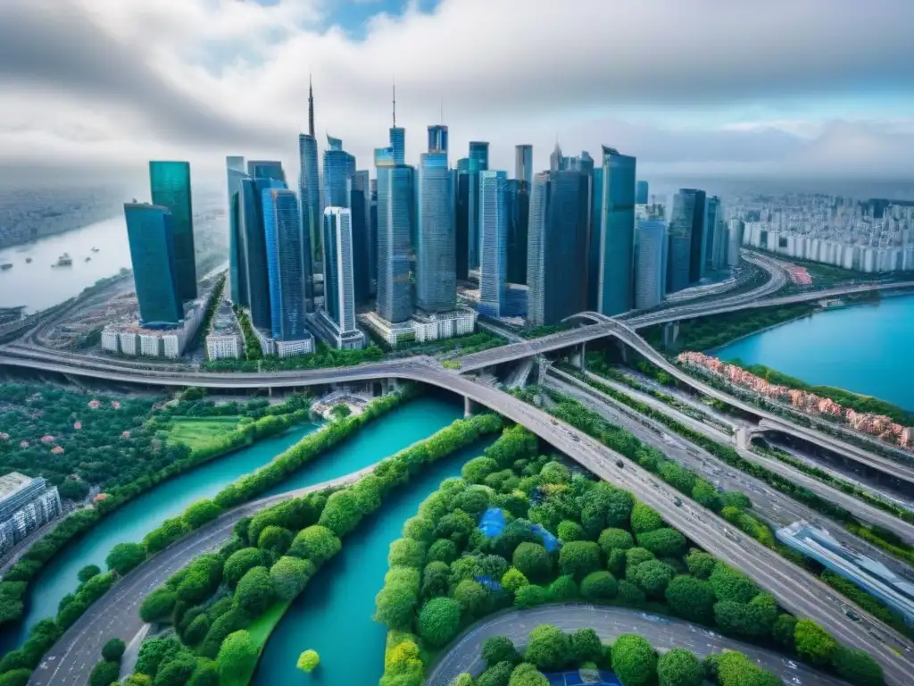 Metrópolis en movimiento: arquitectura moderna y diversidad urbana Vista aérea detallada de una bulliciosa ciudad con rascacielos, calles con peatones, autopistas y zonas verdes