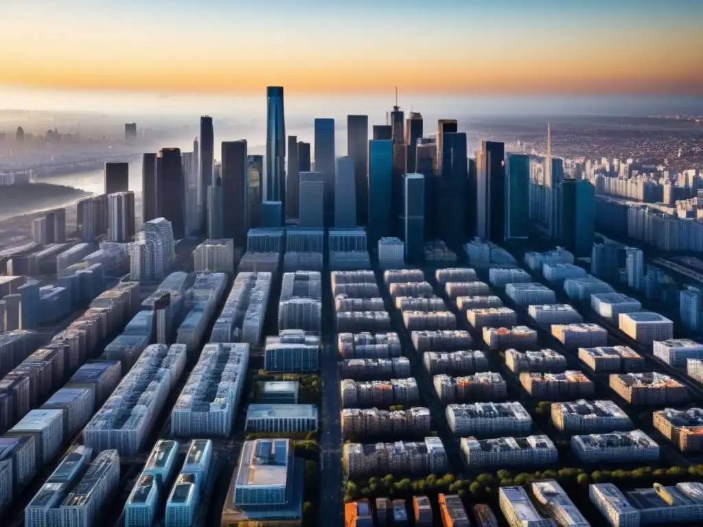 Skyline urbano: detallado atardecer en la ciudad moderna Vista aérea detallada de una bulliciosa ciudad con rascacielos, destacando propiedades inmobiliarias