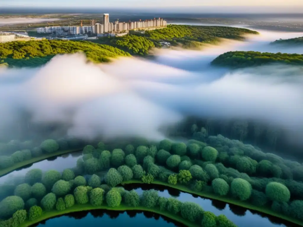 Metrópolis vibrante en ciudad secundaria: mezcla urbana y naturaleza Vista aérea detallada de una bulliciosa ciudad secundaria con arquitectura moderna y naturaleza exuberante