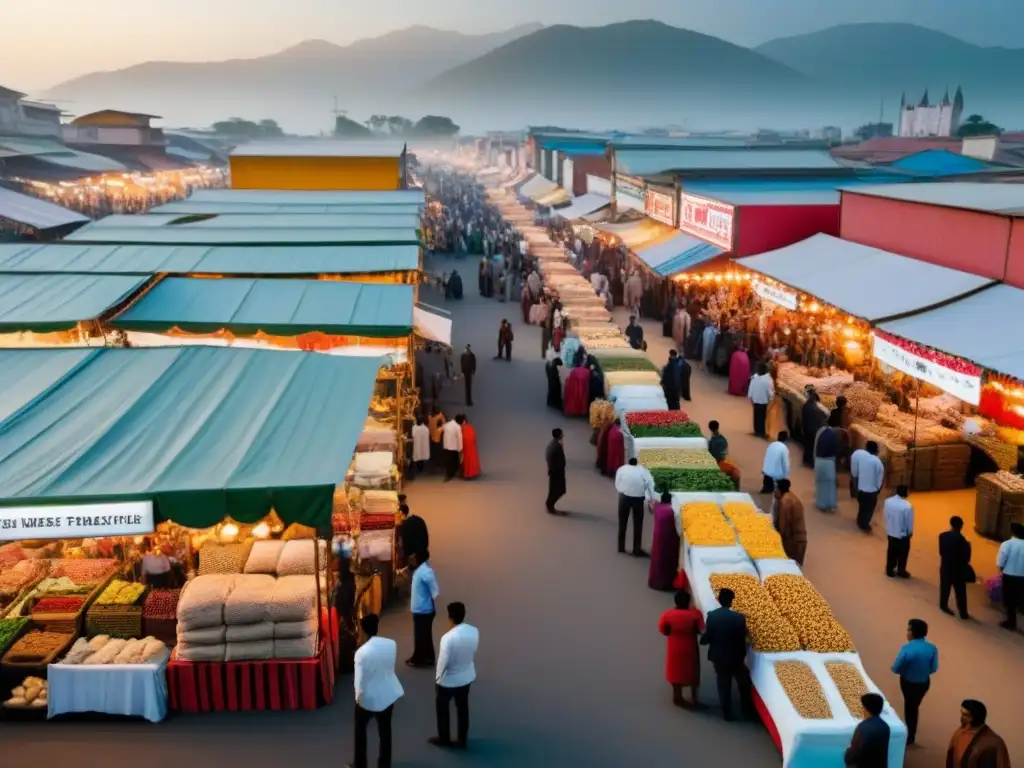 Mercado fronterizo: diversidad cultural y oportunidades de inversión Vista aérea detallada de un bullicioso mercado fronterizo, reflejando la diversidad cultural