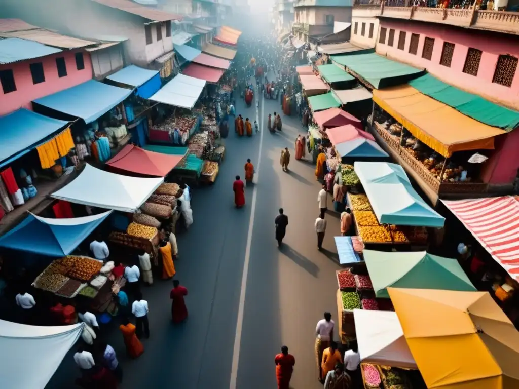 Mercado vibrante: Calles llenas de color en India Vista aérea detallada de un bullicioso micromercado en India, con coloridos puestos, compradores y arquitectura tradicional