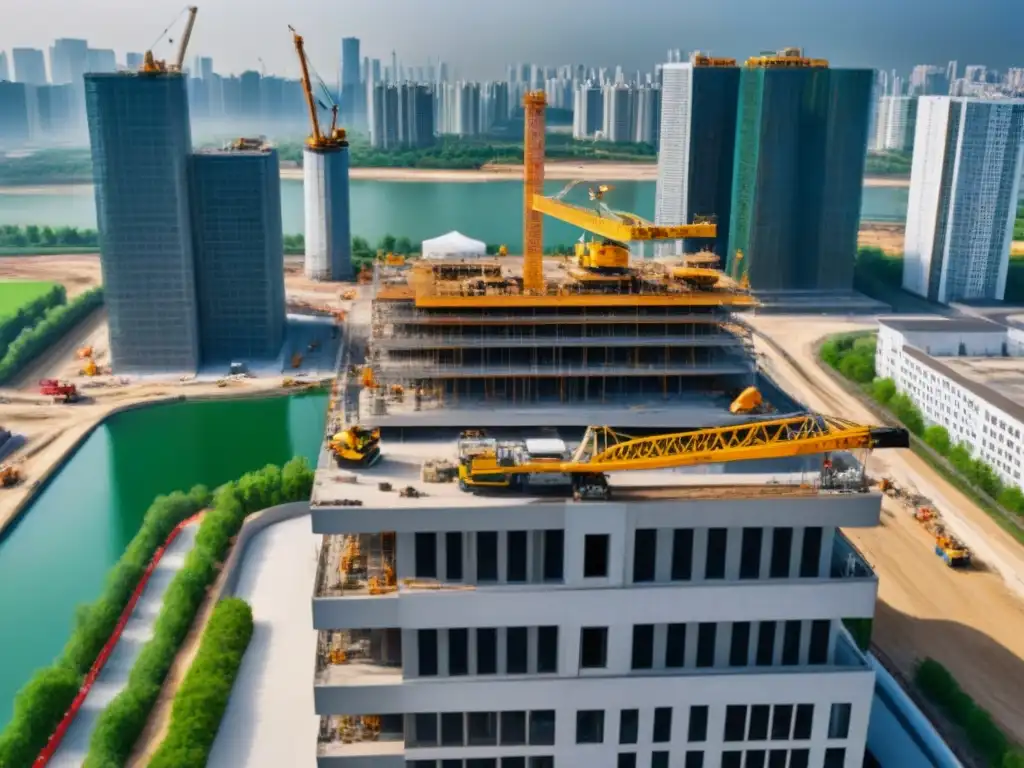 Equipo diverso construyendo torre en ciudad Vista aérea detallada de un bullicioso sitio de construcción en una gran ciudad, reflejando la legislación laboral en desarrollo inmobiliario