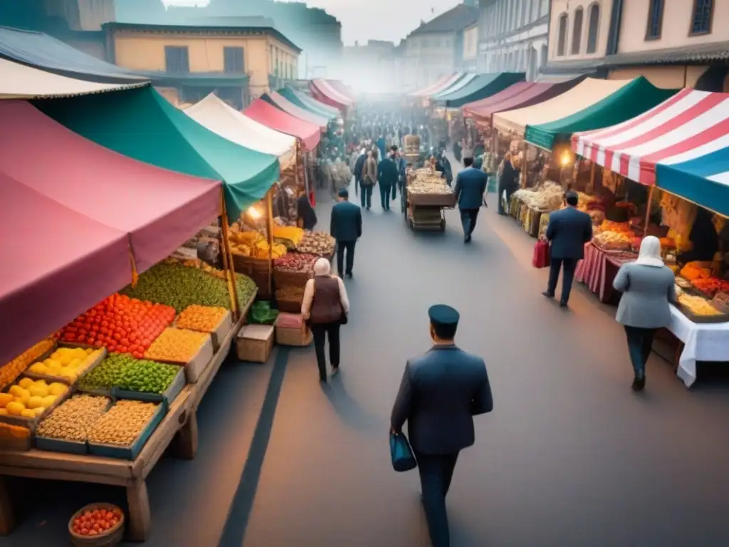 Vibrante mercado con diversidad de productos Vista aérea detallada de un bullicioso mercado con vendedores y coloridos puestos, transmitiendo la diversidad y vitalidad de los mercados