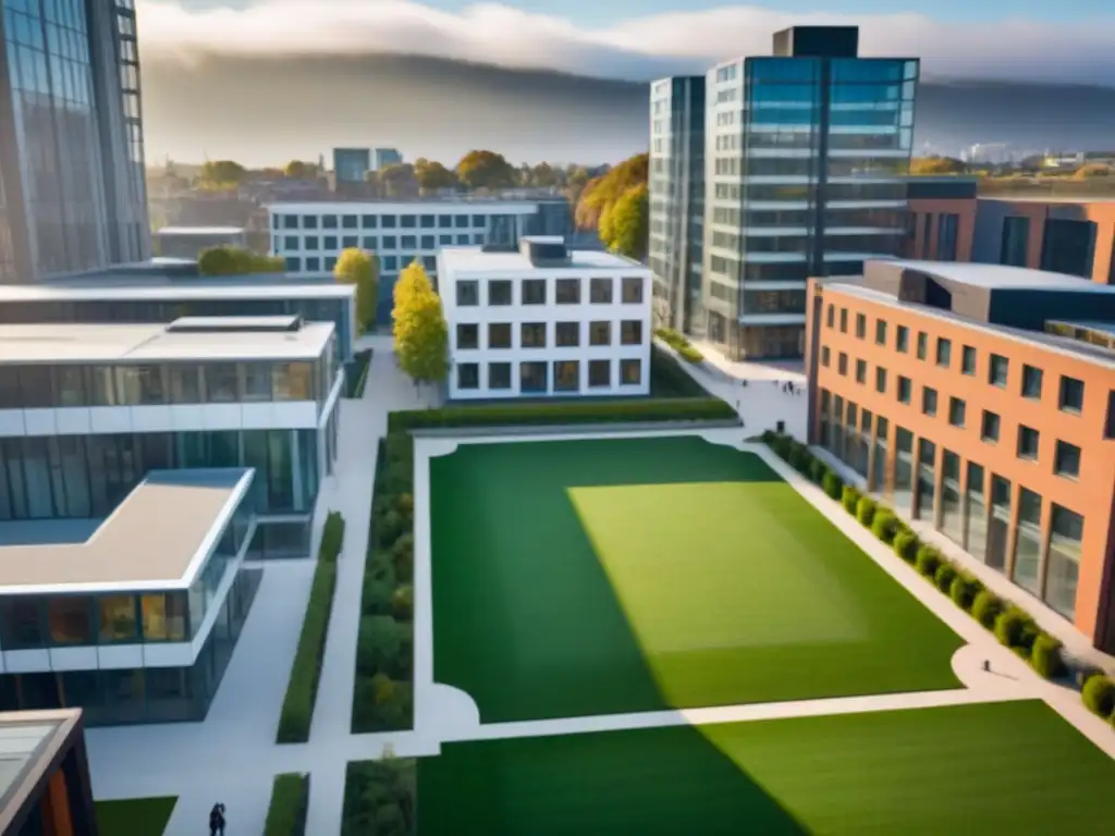 Vibrante campus universitario en ciudad moderna Vista aérea detallada de un bullicioso campus universitario integrado en un entorno urbano moderno con tendencias demográficas mercado inmobiliario