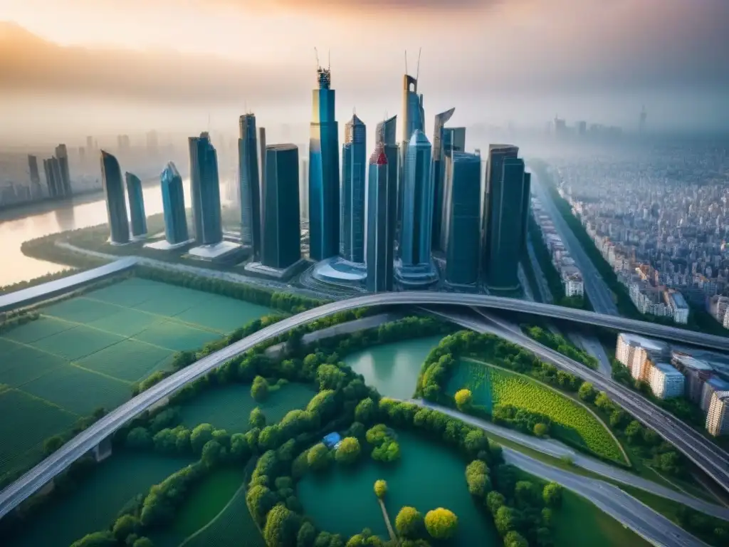 Vista aérea detallada de ciudad vibrante para inversionistas inmobiliarios Vista aérea detallada de ciudad vibrante con rascacielos, áreas residenciales modernas y parques urbanos, reflejando tendencias migratorias mercado inmobiliario