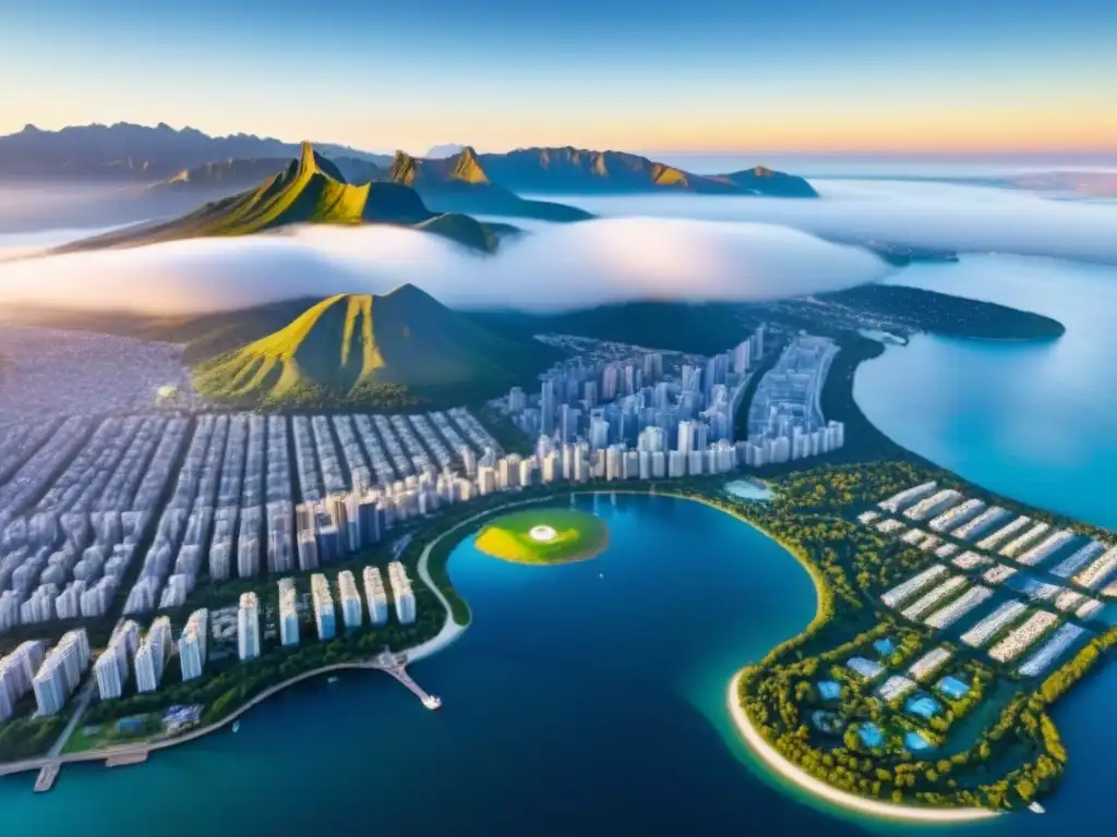 Cityscape vibrante: mezcla de modernidad y historia bajo atardecer dorado Vista aérea detallada de una ciudad bulliciosa con rascacielos modernos y edificios históricos, parques verdes y agua azul