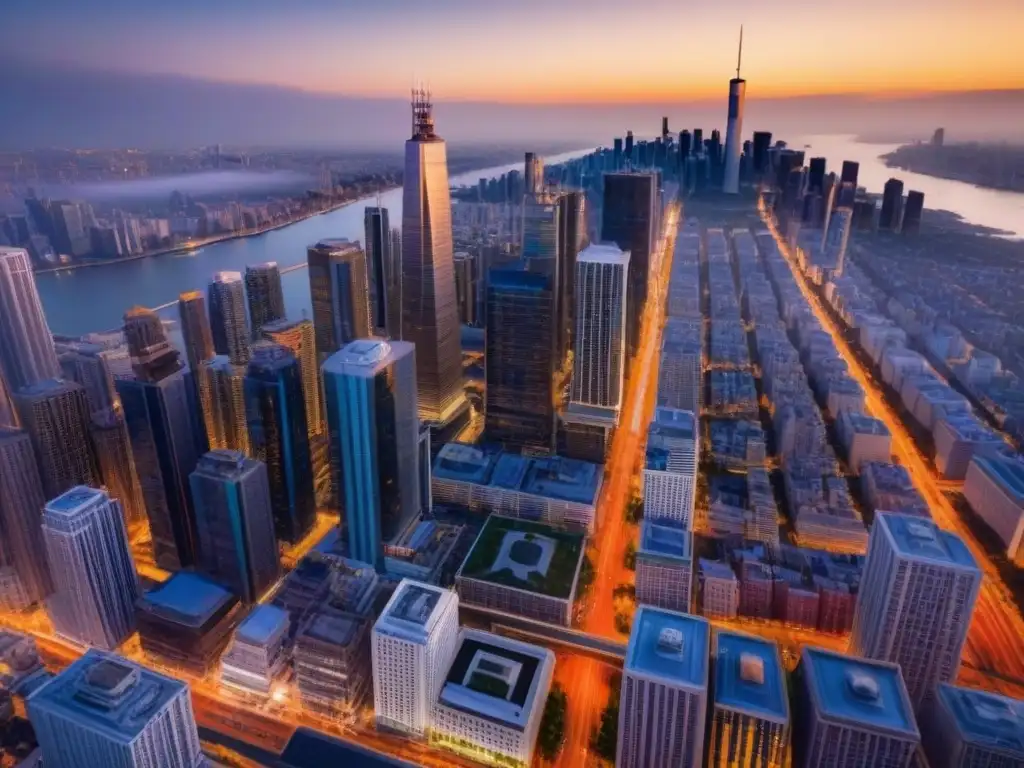 Impresionante ciudad moderna al atardecer Vista aérea detallada de una ciudad al atardecer, con rascacielos modernos y luces brillantes