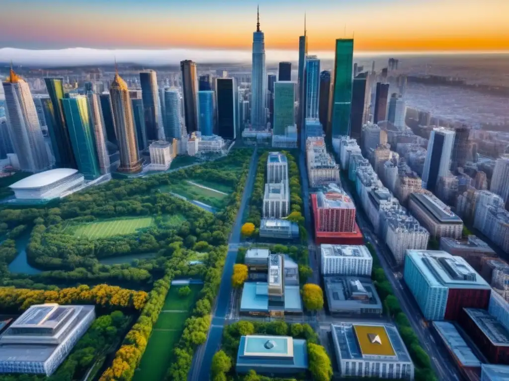Cityscape vibrante al atardecer: mercado inmobiliario diverso Vista aérea detallada de ciudad vibrante al atardecer, resaltando mercado inmobiliario internacional y estrategias de precios