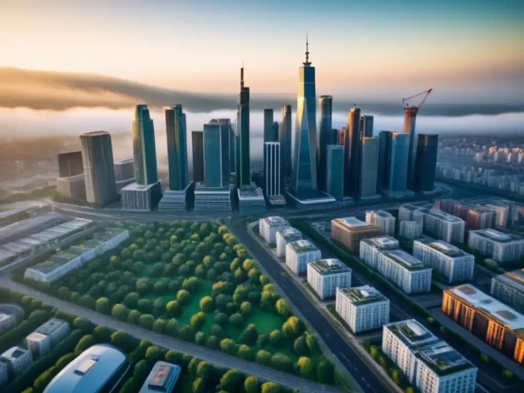 Vista aérea detallada de ciudad moderna con rascacielos y lujo Vista aérea detallada de una ciudad moderna con rascacielos y propiedades de lujo, reflejando un mercado inmobiliario dinámico