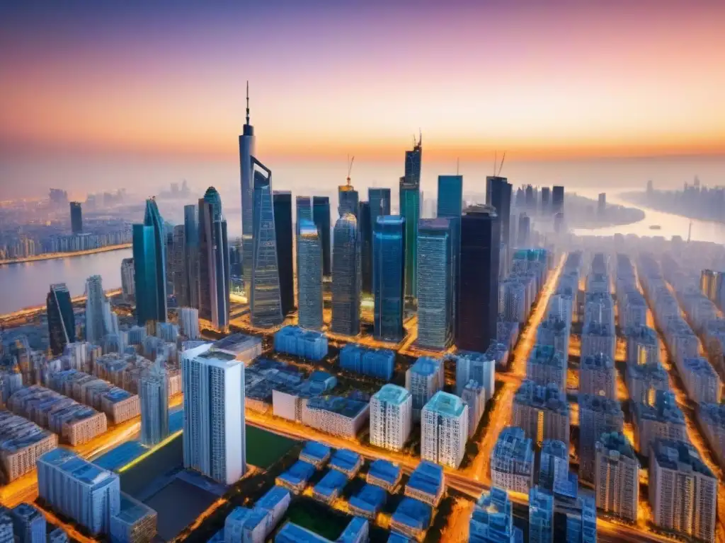 Metrópolis global: estrategias de marketing inmobiliario personalizado Vista aérea detallada de una ciudad bulliciosa con rascacielos representando mercados inmobiliarios internacionales