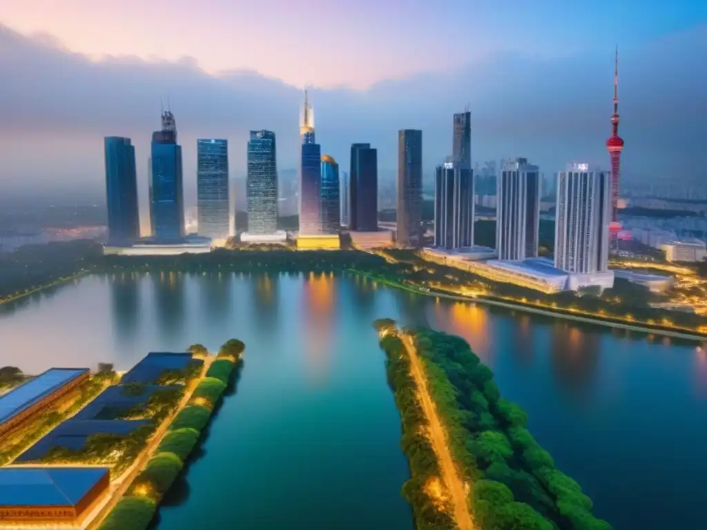 Inversión inmobiliaria: Ciudad moderna y verde al anochecer Vista aérea detallada de una ciudad bulliciosa al atardecer, con rascacielos iluminados y parques verdes
