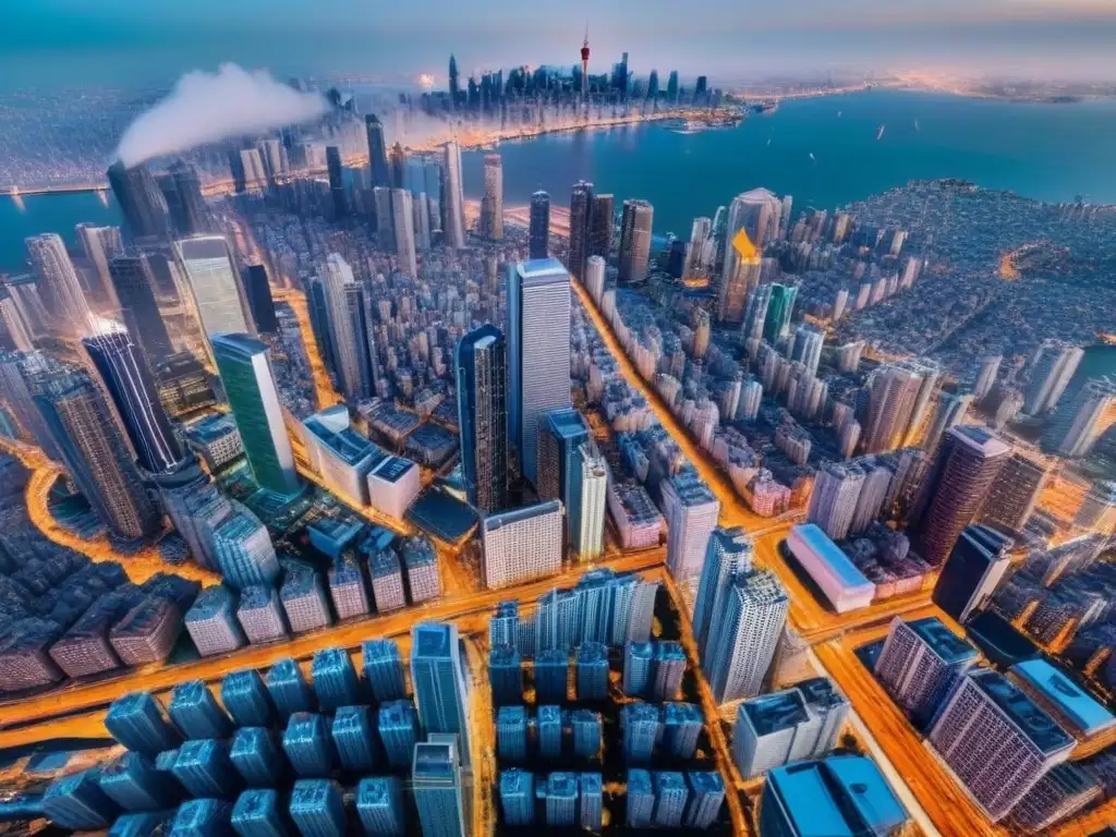 Metrópolis futurista: luces vibrantes y arquitectura moderna Vista aérea detallada de una ciudad metropolitana bulliciosa con rascacielos imponentes y edificios futuristas