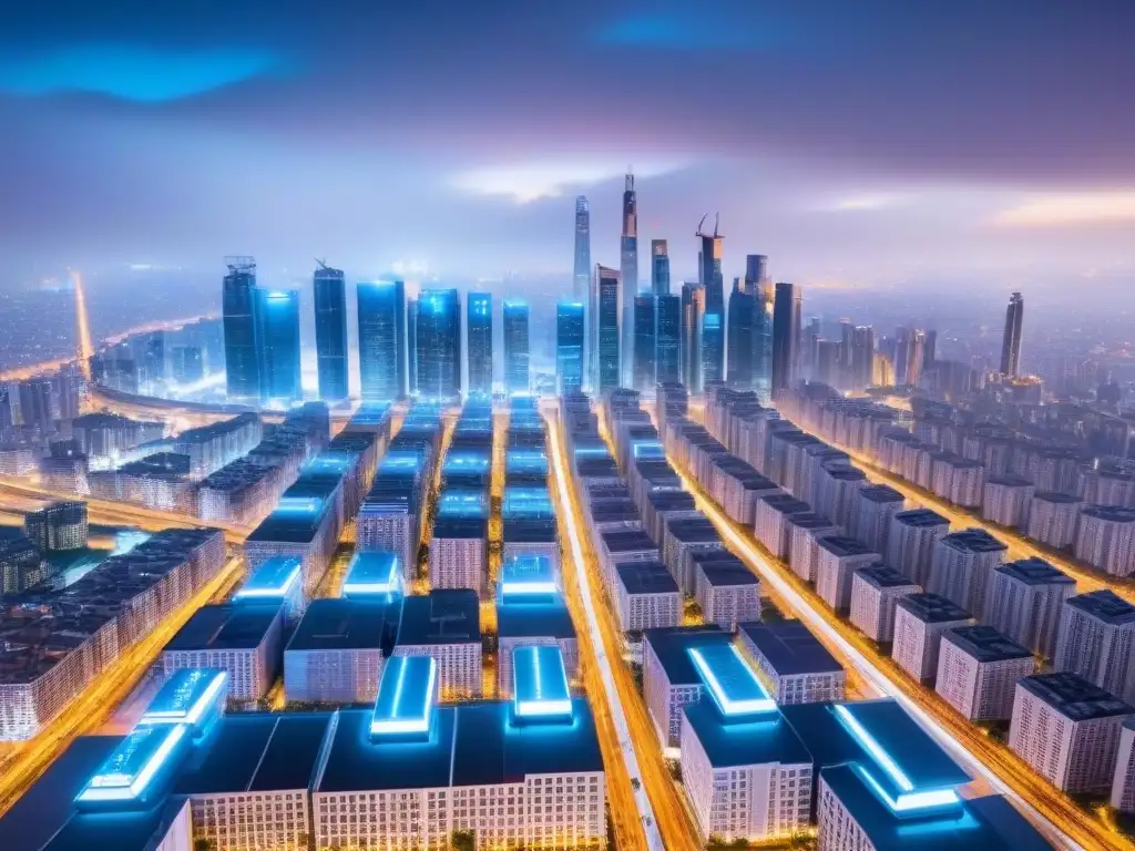 Metrópolis blockchain: transacciones inmobiliarias en tiempo real Vista aérea detallada en 8k de una ciudad futurista con rascacielos tecnológicos mostrando transacciones inmobiliarias en blockchain
