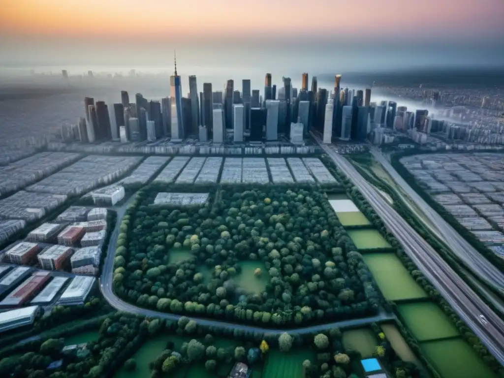 Contraste urbano: terrenos en desarrollo entre rascacielos Vista aérea detallada de una ciudad con terrenos sin desarrollar entre rascacielos y calles concurridas