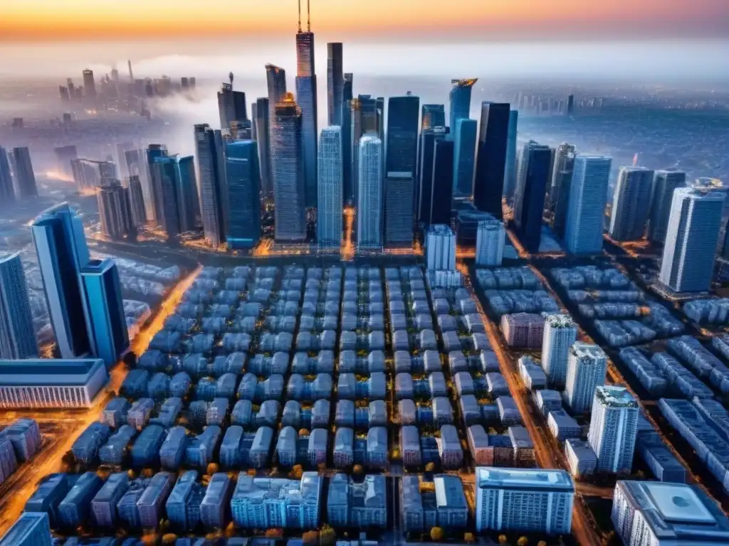 Vista aérea detallada de ciudad con diversidad generacional Vista aérea detallada de una ciudad moderna con rascacielos y edificios residenciales, representando la integración de diferentes grupos de edad en el mercado inmobiliario, simbolizando el impacto del envejecimiento poblacional en bienes raíces