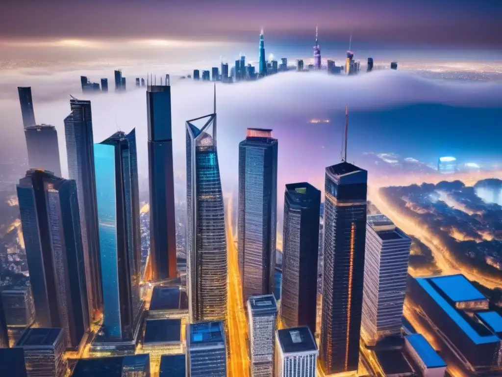 Horizonte futurista de una ciudad financiera global en evolución Vista aérea detallada de ciudad futurista, reflejando el impacto del Crowdfunding inmobiliario en inversiones globales