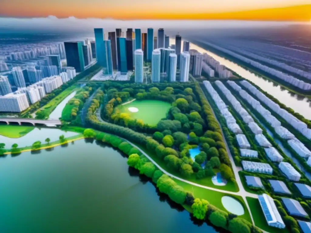 Horizonte urbano moderno al atardecer: inversión inmobiliaria Vista aérea detallada de una ciudad bulliciosa con rascacielos modernos, parques urbanos y agua, bañada por la cálida luz dorada del atardecer