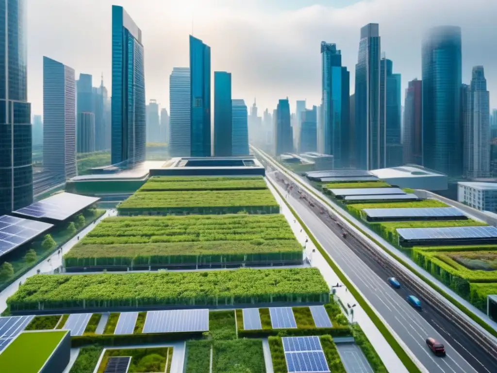 Cityscape sostenible: un futuro urbano verde y moderno Vista aérea detallada de una ciudad sostenible con techos verdes, paneles solares y transporte público eficiente