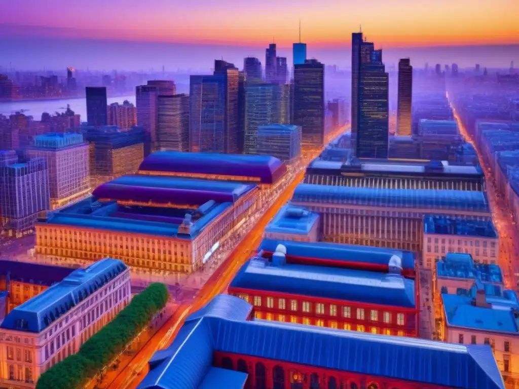 Metrópolis vibrante: fusión de modernidad y tradición al anochecer Vista aérea detallada de una ciudad bulliciosa al anochecer con propiedades comerciales de alto rendimiento y contrastes arquitectónicos