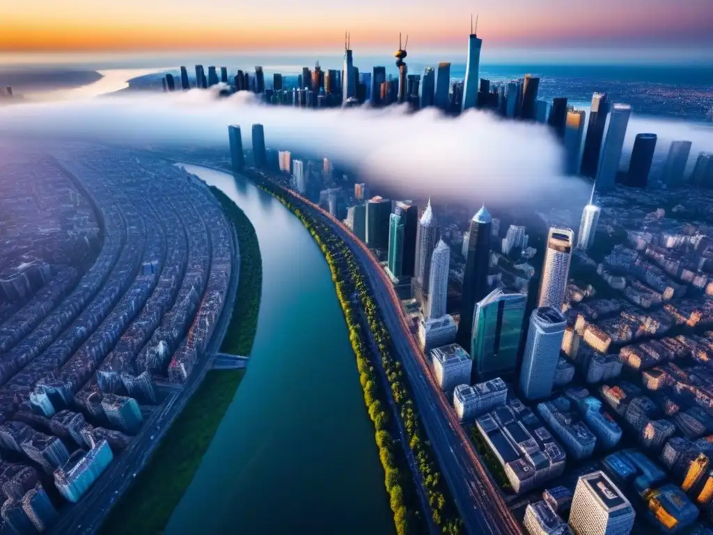 Vista aérea impresionante de una ciudad vibrante al atardecer Vista aérea detallada de una ciudad vibrante con rascacielos y diversidad arquitectónica