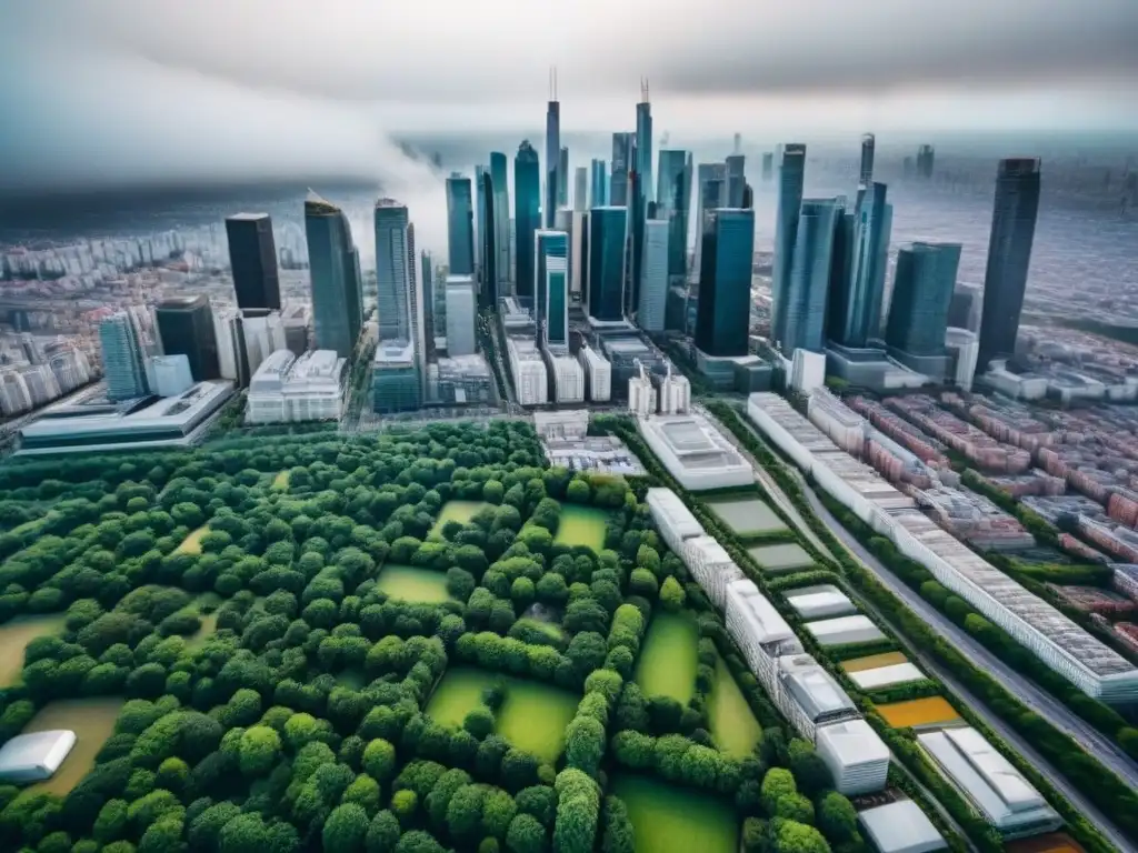 Vista aérea detallada de una ciudad bulliciosa con rascacielos modernos y espacios verdes, ideal para construir imperio inmobiliario Millennials