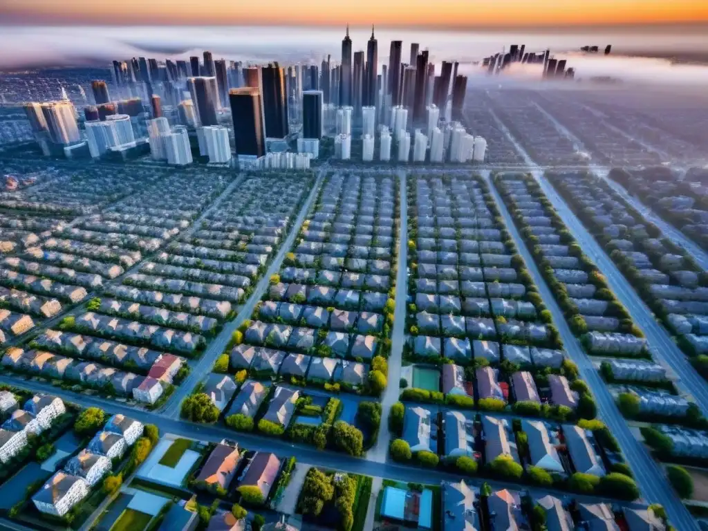 Diversidad de viviendas en la ciudad: un panorama urbano detallado Vista aérea detallada de una ciudad con diversidad de viviendas, resaltando la importancia de las regulaciones vivienda asequible mercado global