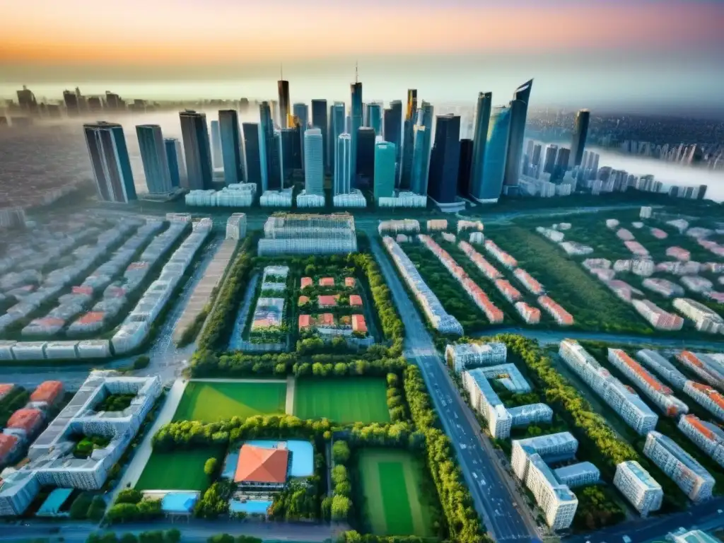 Metrópolis vibrante: arquitectura diversa y vida urbana en armonía Vista aérea detallada de una ciudad vibrante, con diversidad arquitectónica y áreas verdes
