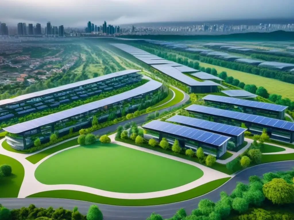 Metrópolis futurista: viviendas asequibles y sostenibles Una vista aérea detallada de una ciudad futurista con viviendas asequibles y sostenibles intercaladas con espacios verdes