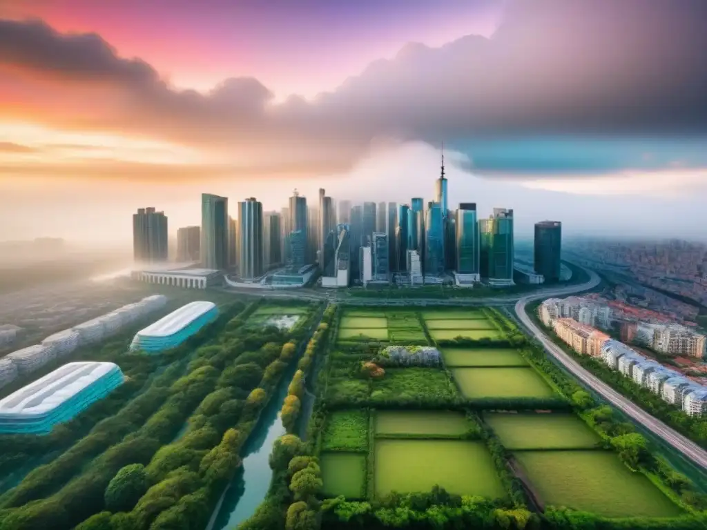 Vista aérea detallada de ciudad internacional con diversidad arquitectónica Vista aérea detallada de ciudad internacional con rascacielos, edificios residenciales y espacios verdes