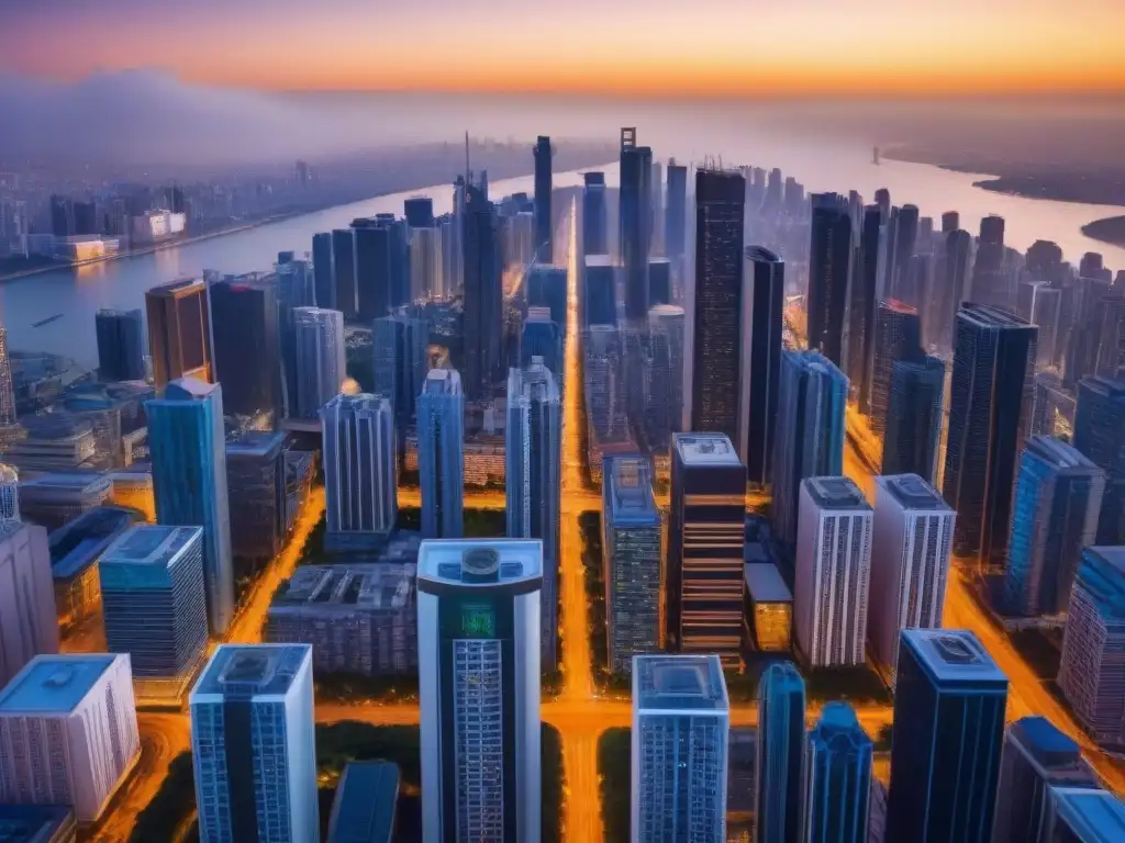 Vista aérea impactante de ciudad moderna al anochecer Vista aérea detallada de ciudad al anochecer, con rascacielos iluminados reflejando el sol