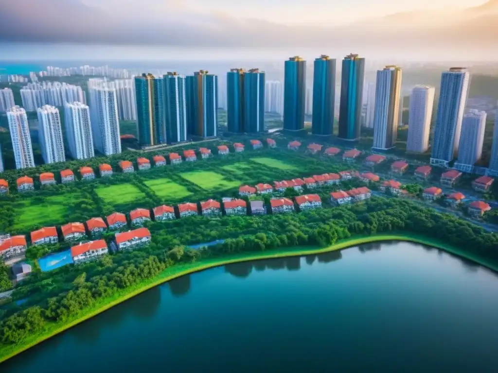 Metrópolis vibrante: armonía entre urbanismo y naturaleza Vista aérea detallada de una ciudad vibrante con arquitectura diversa integrada entre naturaleza y agua
