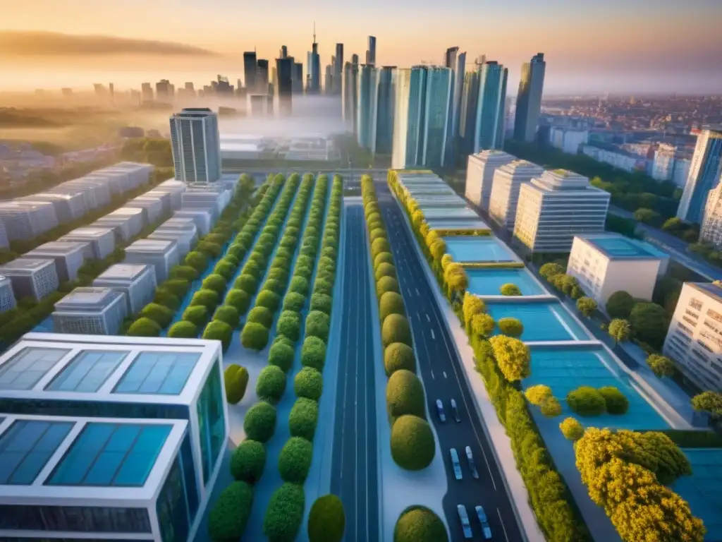 Metrópolis moderna al atardecer: luces y sombras en la ciudad Vista aérea detallada de una ciudad moderna con rascacielos y terrazas, bañada por la luz del atardecer