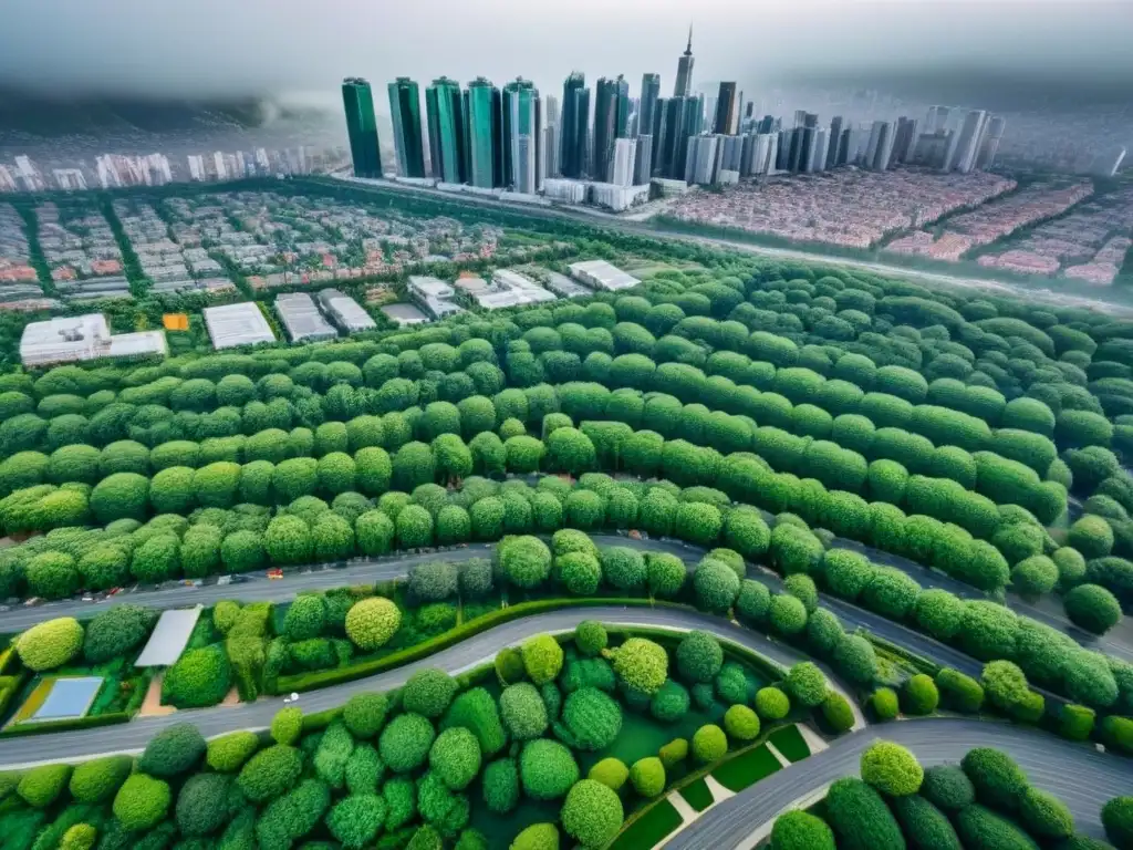 Metrópolis vibrante: diversidad arquitectónica y natural en la ciudad Vista aérea detallada de una ciudad metropolitana, con edificios residenciales diversos y espacios verdes