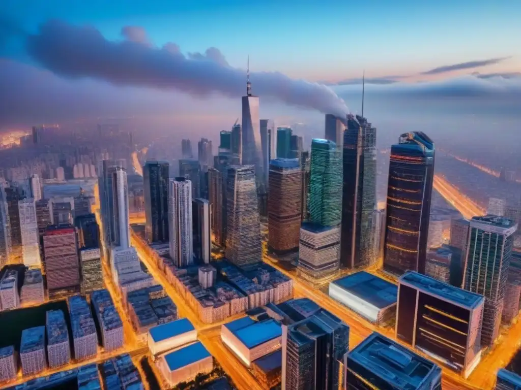 Metrópolis vibrante: ciudad moderna al anochecer Vista aérea detallada de una ciudad bulliciosa al anochecer, con rascacielos modernos, calles llenas de autos y luces vibrantes