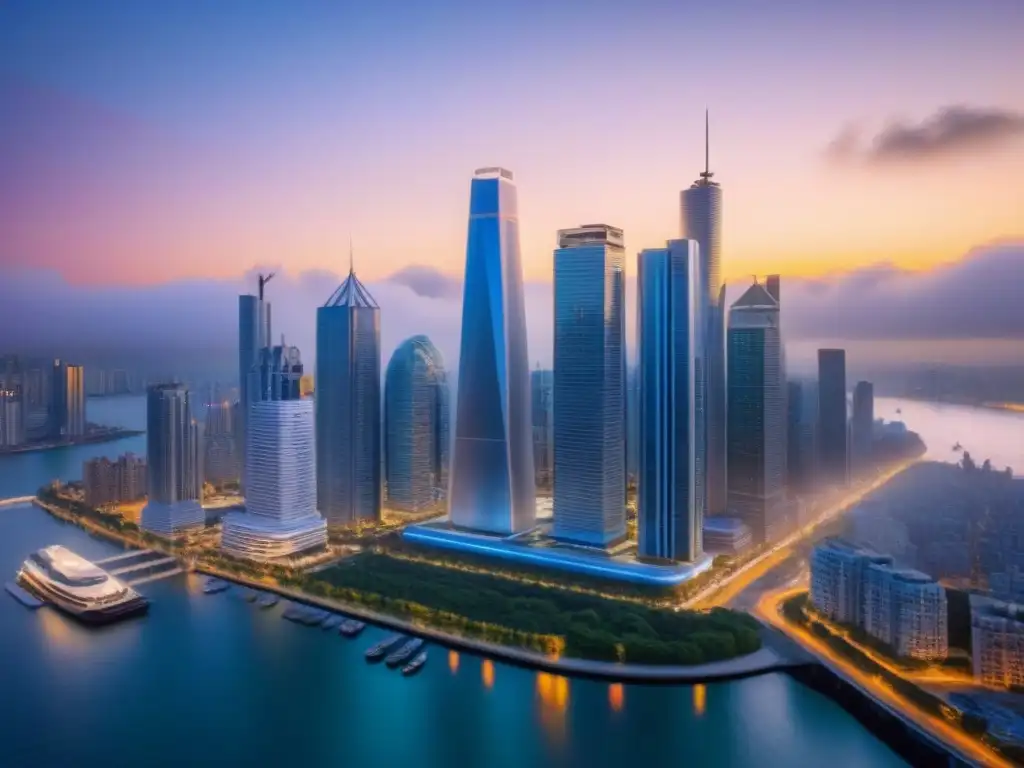 Metrópolis exclusiva: skyline y propiedades de lujo junto al agua Vista aérea detallada de una ciudad vibrante con rascacielos y propiedades exclusivas en el mercado inmobiliario, iluminada por el atardecer