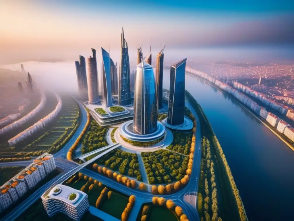 Metrópolis futurista en Europa del Este: innovación urbana y sostenibilidad Vista aérea detallada de ciudad futurista en Europa del Este con desarrollos inmobiliarios innovadores