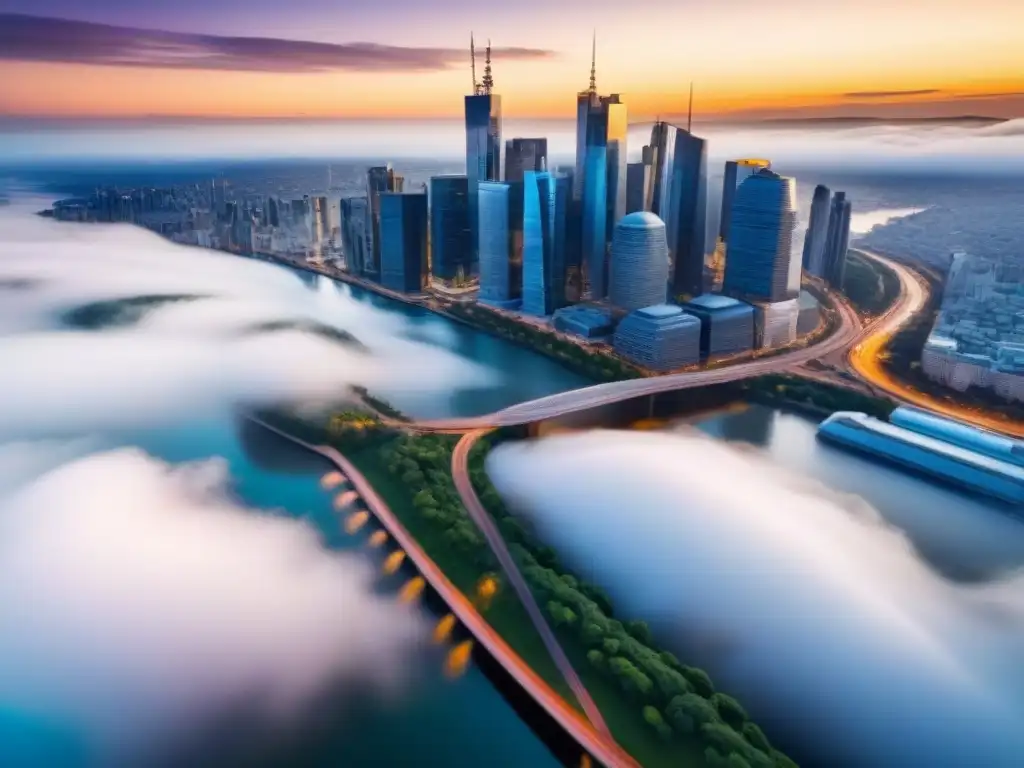 Vista aérea impactante de ciudad moderna al atardecer Vista aérea detallada de una ciudad moderna al atardecer, con rascacielos, calles bulliciosas y un río, simbolizando inversiones internacionales y el dinamismo de los mercados globales