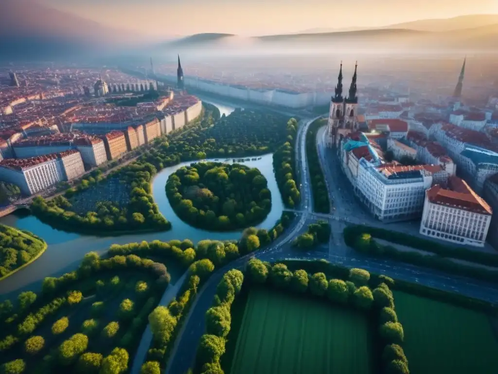 Metrópolis en ascenso: arquitectura histórica y moderna en Europa del Este Vista aérea detallada de una ciudad bulliciosa en Europa del Este, con arquitectura histórica y rascacielos modernos