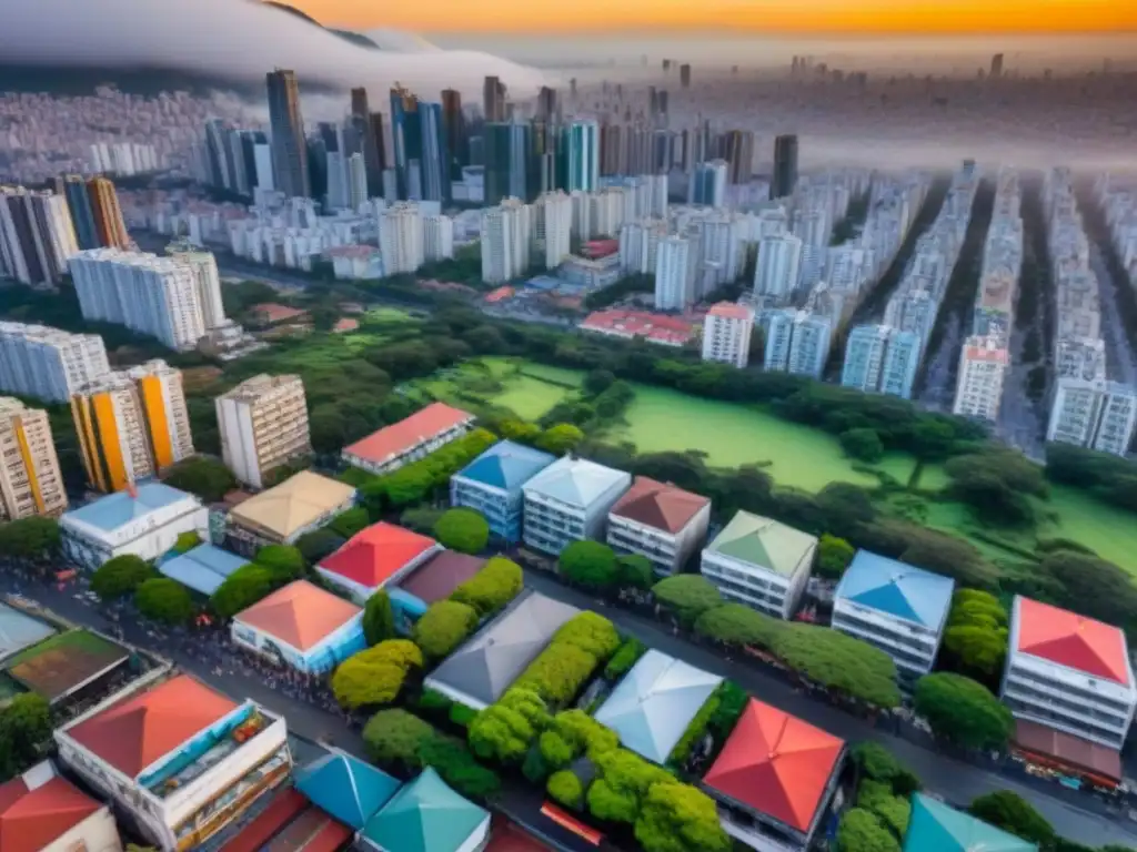 Vibrante mercado inmobiliario en ciudad latinoamericana Vista aérea detallada de una ciudad Latinoamericana vibrante, ideal para negociar compra propiedades en América Latina
