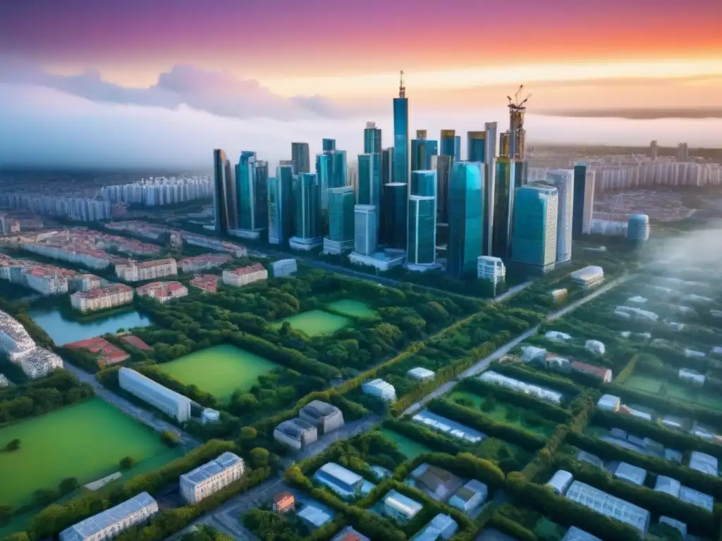 Metrópolis moderna: fusión de universidad y rascacielos Vista aérea detallada de una ciudad futurista con rascacielos y campus universitarios, mostrando la armonía entre academia y desarrollo urbano en un metrópolis moderno