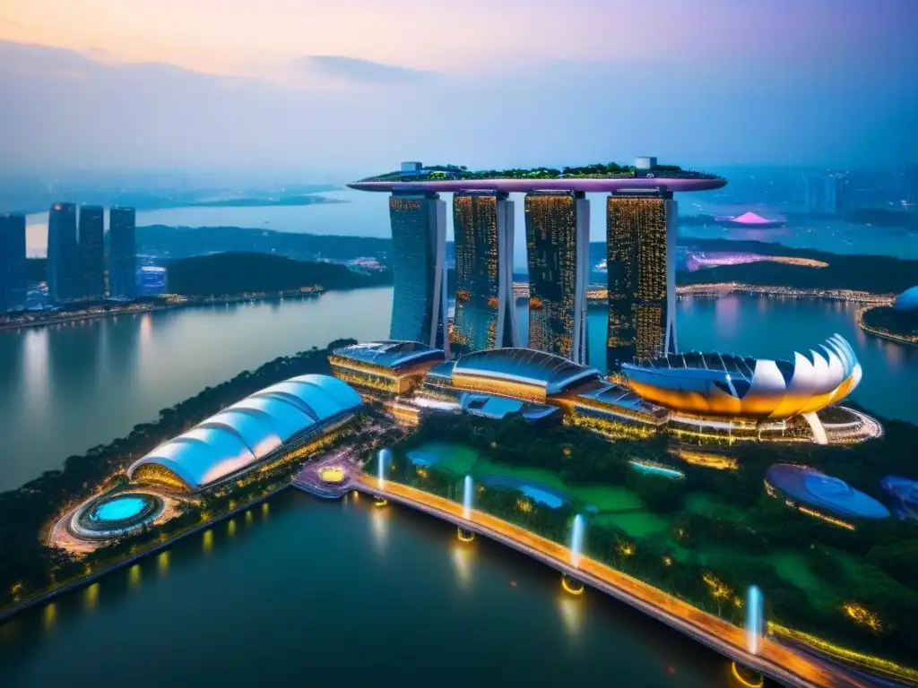 Esplendor urbano de Singapur: Marina Bay Sands y más Una vista aérea detallada de Singapur, con Marina Bay Sands, Gardens by the Bay y la ciudad iluminada de noche