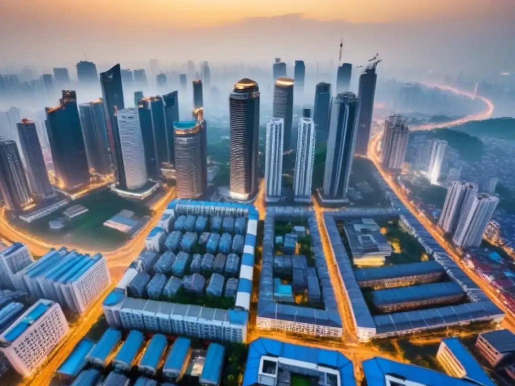 Horizonte urbano de Asia: fusión de tradición y modernidad Vista aérea detallada de una ciudad asiática vibrante con arquitectura tradicional y rascacielos modernos