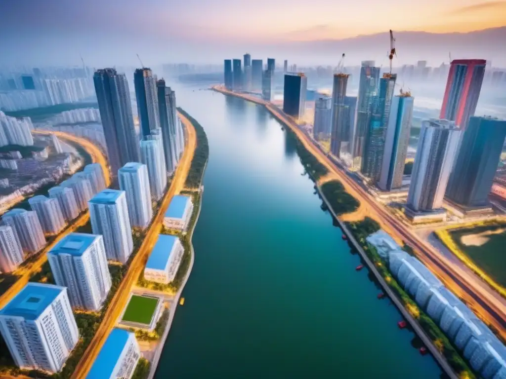 Esplendor urbano en el Sudeste Asiático: modernidad y tradición se fusionan Vista aérea detallada de una ciudad en el Sudeste Asiático, con rascacielos modernos y arquitectura tradicional