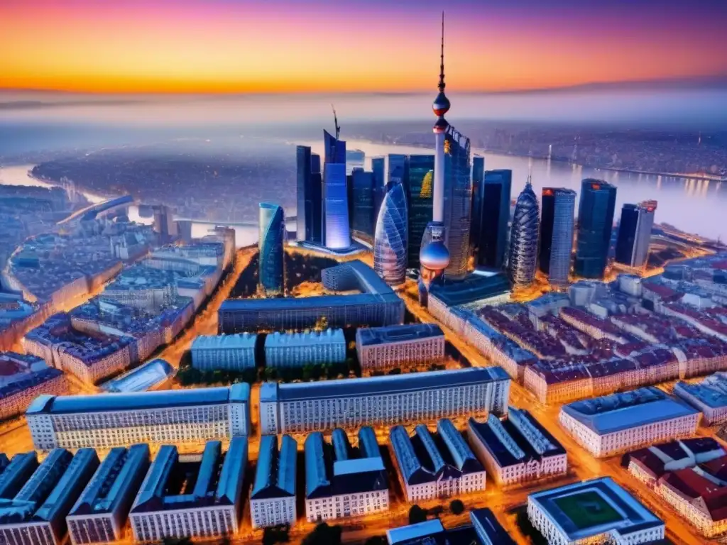 Contraste arquitectónico al atardecer: skyline de ciudad en Europa del Este Vista aérea detallada de la ciudad en Europa del Este, entre arquitectura histórica y rascacielos modernos al atardecer