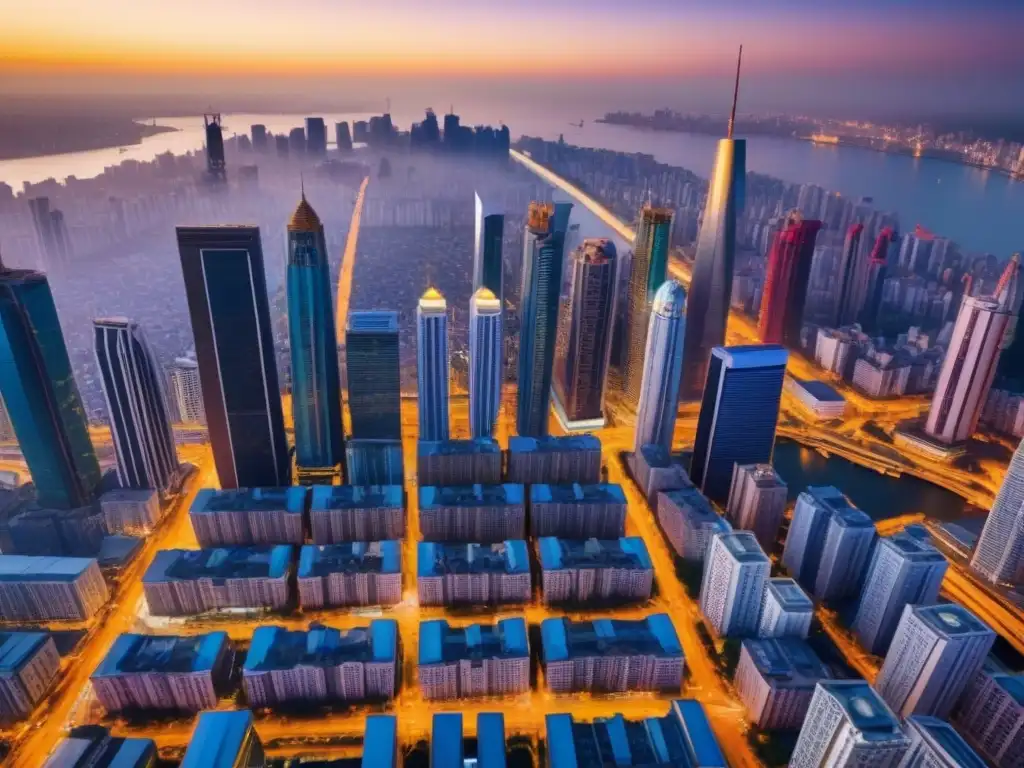 Cityscape vibrante: mercado emergente y modernidad Vista aérea detallada de una ciudad emergente con mercados y rascacielos, reflejando la energía económica