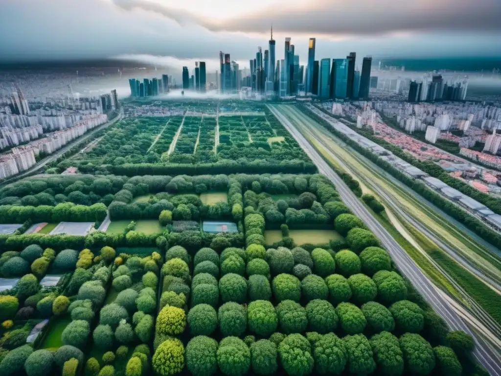 Vista aérea detallada de ciudad vibrante: urbanismo y naturaleza en armonía Vista aérea detallada de una ciudad vibrante con rascacielos y espacios verdes
